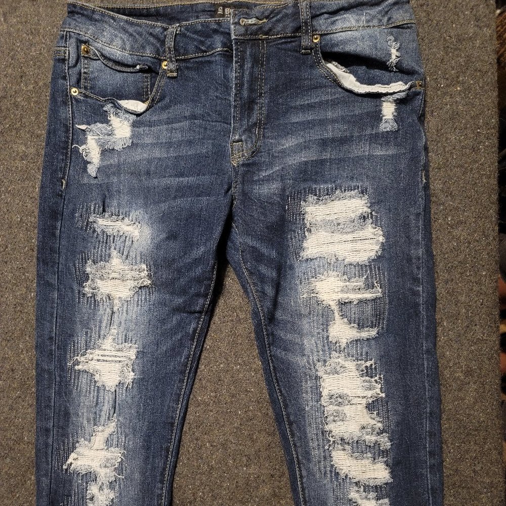 Just Black Skinny Fit, Stretch Black Destroyed-Style, Black Jeans 32/34